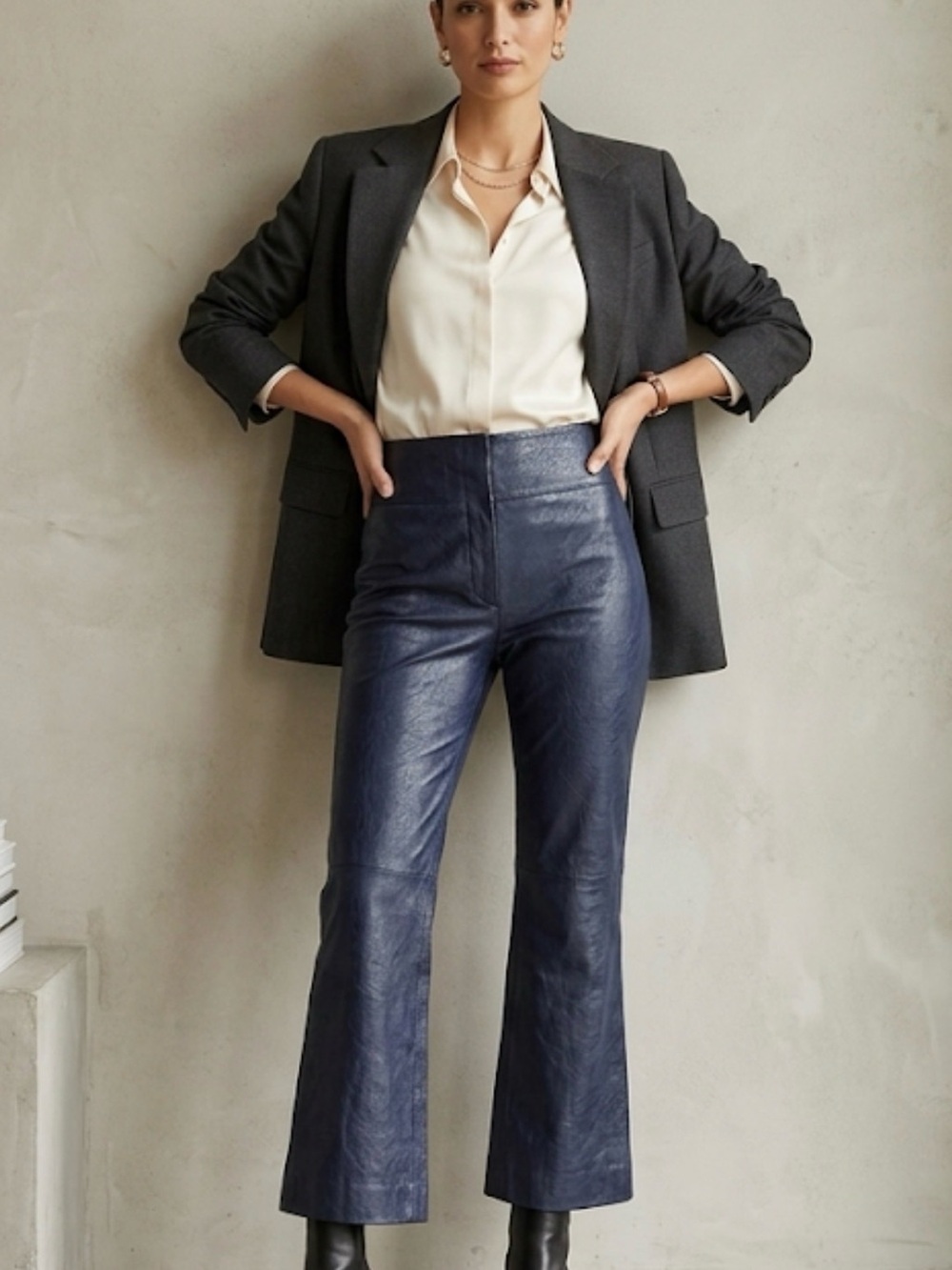 High-Rise Navy Leather Flare Pants